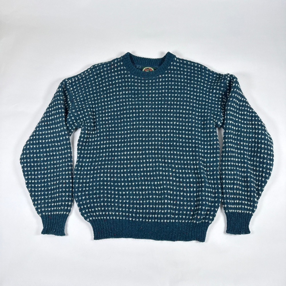 Vintage Alps Sweater Mens Medium Teal Blue Birdseye Wool Blend Crewneck Retro